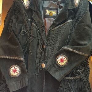 Vintage Diamond Leathers Jacket. Black Suede. Fringed, Beadwork. Womens L.